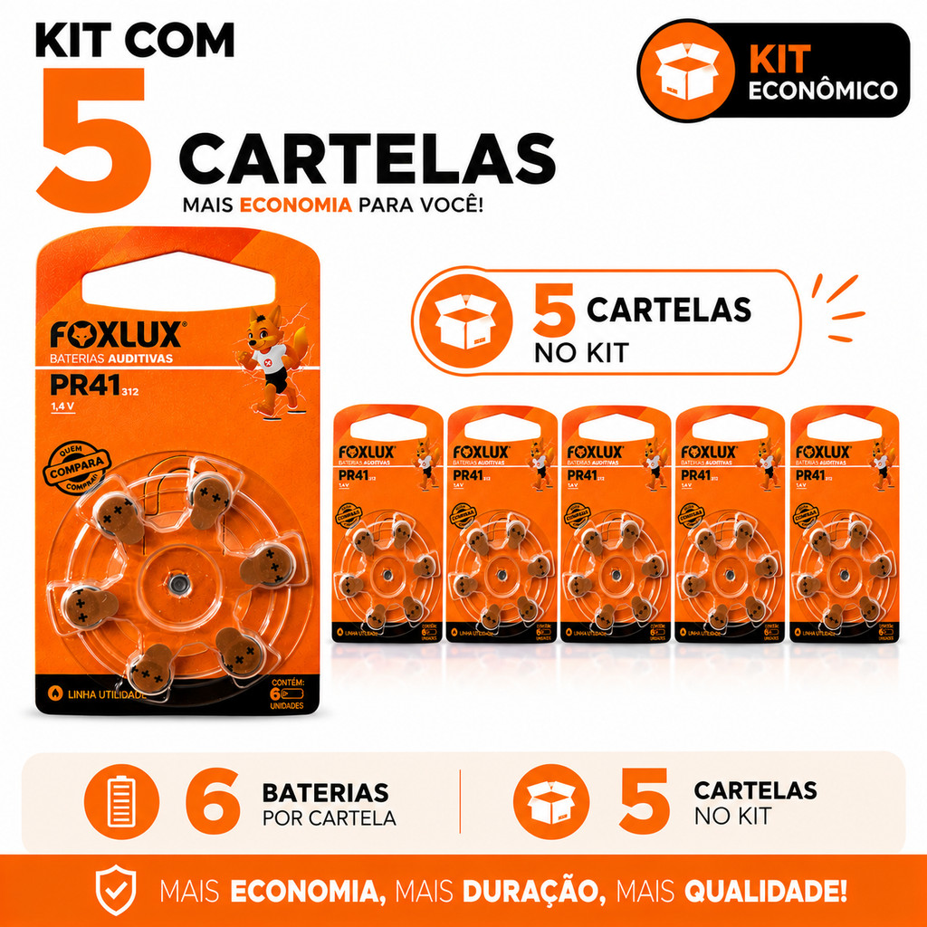 Pilhas Baterias Auditivas Foxlux 312 PR41 Kit com 30