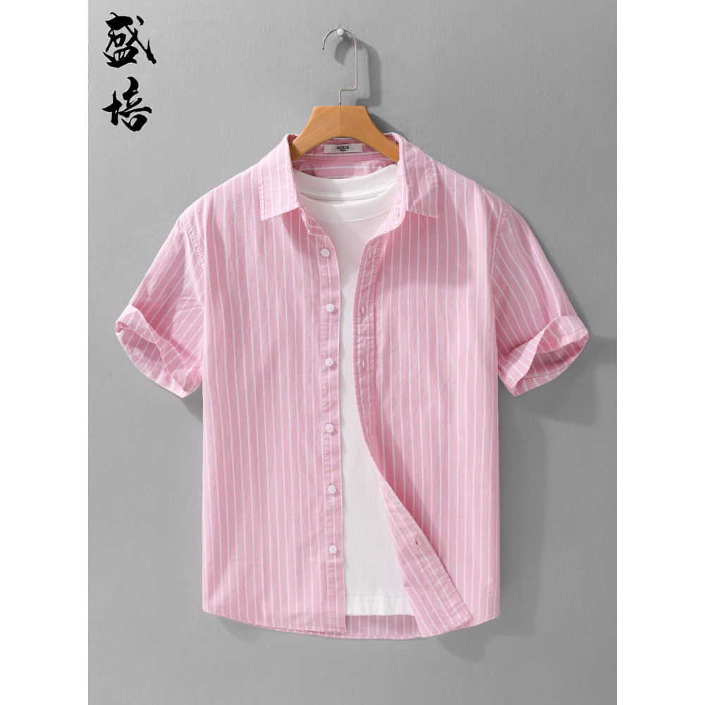 2026 novo estilo camisa de manga curta masculina puro algodão Casual rosa Polegada camisa simples generoso camisa listra