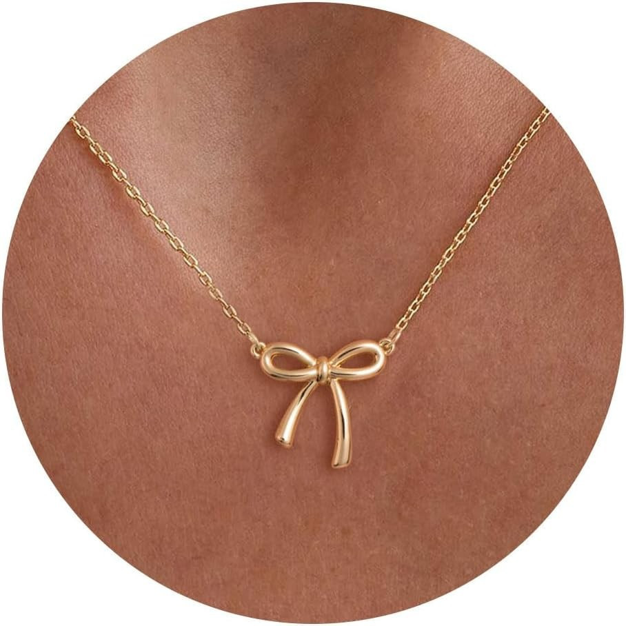 Colar de Ouro para Mulheres - Colar com Laço Banhado a Ouro 14K, Colar Delicado com Zircônia Cúbica, Colar com Laço Pequ