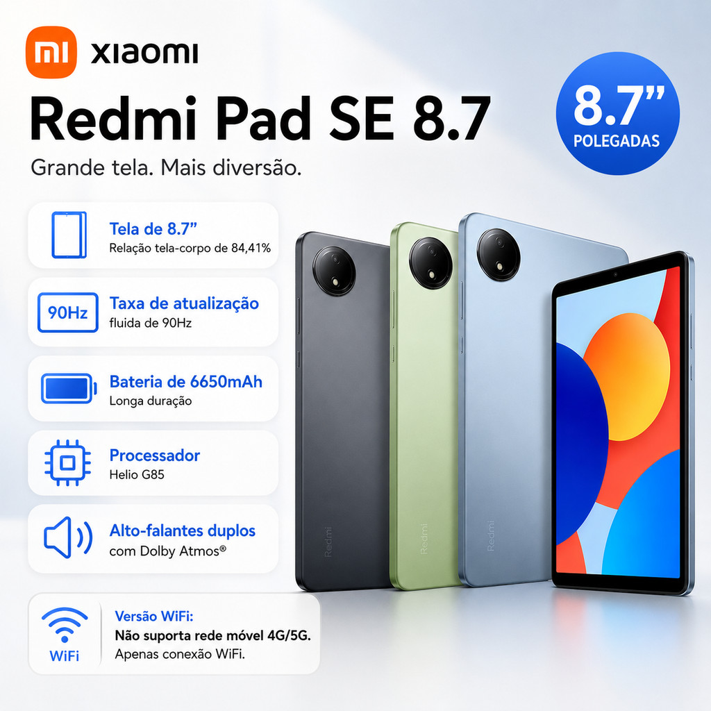 Tablet Xiaomi Redmi Pad SE 8.7" 4G 128GB / 4GB 64/4GB Ram Wi-Fi Tela HD Bateria 6550mAh Multitarefas