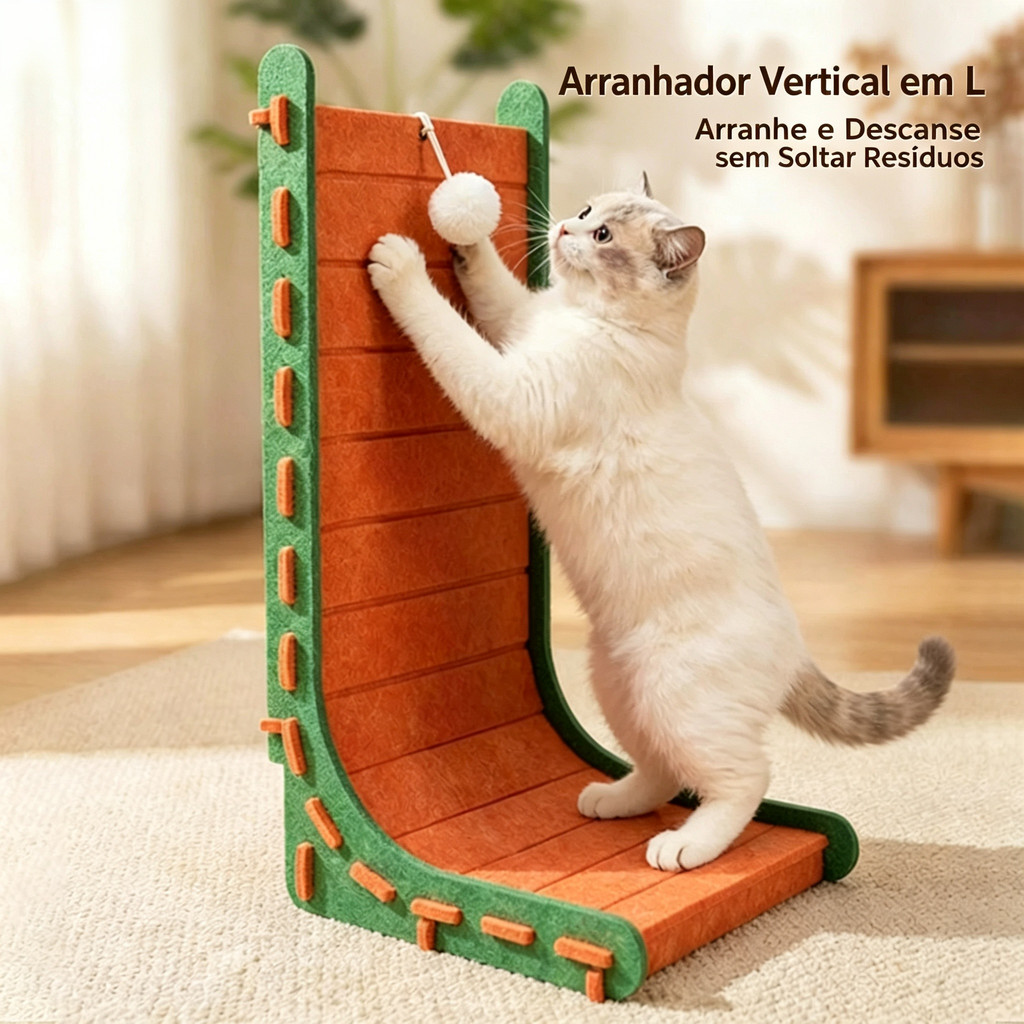 Arranhador de Gato Formato L em Feltro Resistente, Vertical 90° vira cama, com bola brinquedo sem soltar fiapos