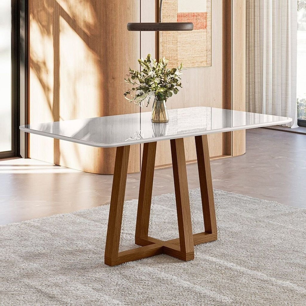 Mesa Jantar Largha 160cm x 83cm Vidro Livia Branco/Ambar/Off White