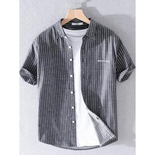 Camisa listrada de manga curta de algodão puro masculino de verão confortável respirável algodão literário juventude cam