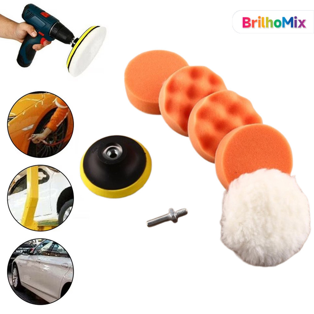 Kit de Polimento Automotivo com 7 Peças – Discos de Espuma Plana e Ondulada, Bola de Lã, Adaptador e Fixador Velcro