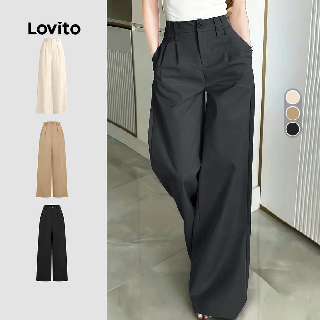 (Lovito Casual x Ana) Calça com Zíper e Botão Clássica e Versátil Calça Feminina Cinza Escuro Primavera/Verão L34LD052