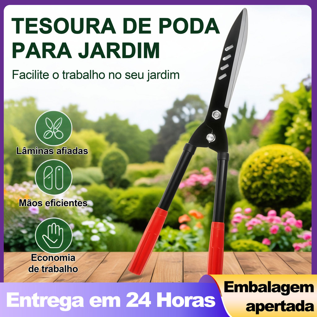 Tesourão Jardim Profissional 53cm Aço Carbono Cabo Madeira Poda Cerca Viva Grama Arbustos