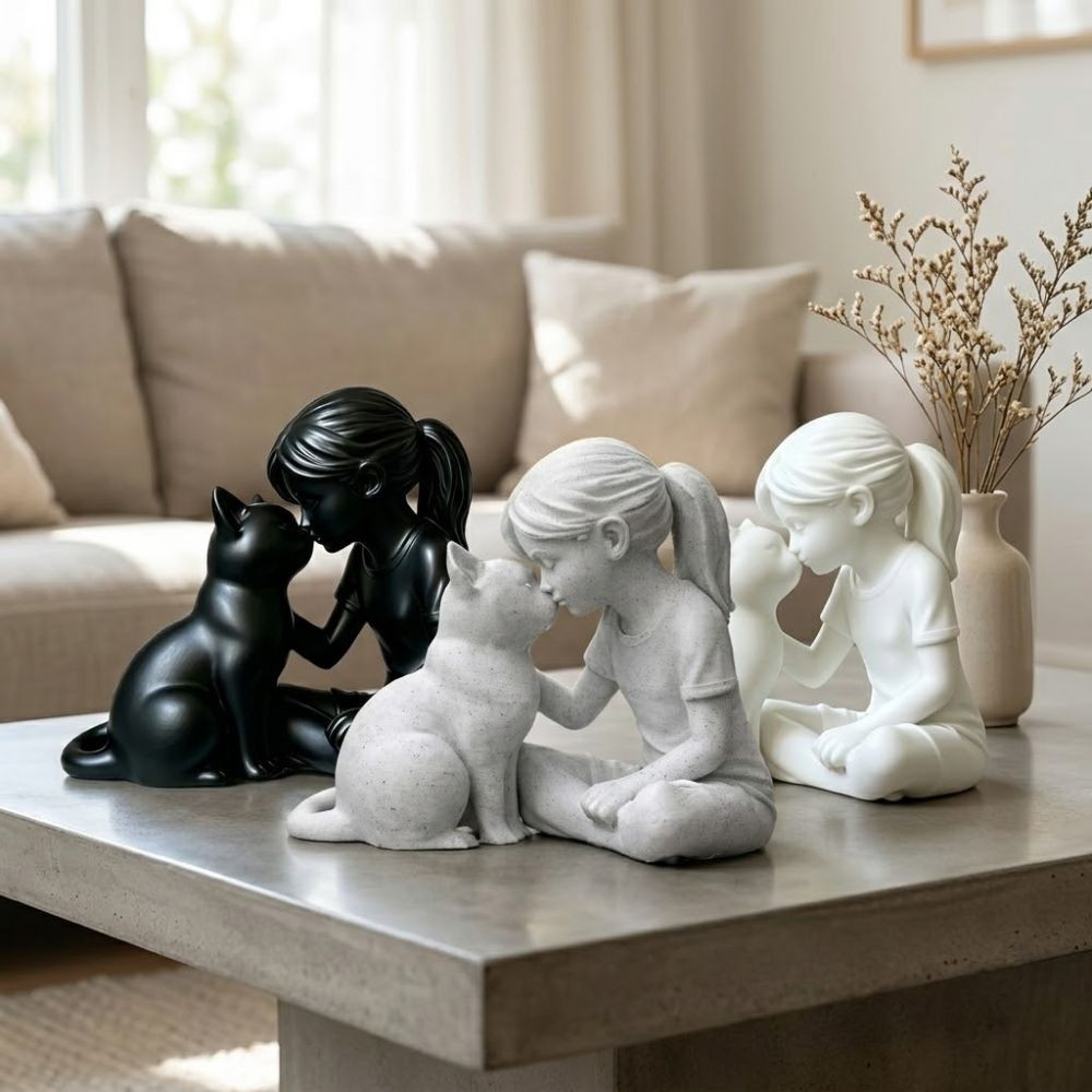  Escultura De Menina E Gato , Estátuas Exclusivas De Amizade De Impressas Em 3D , Estatueta De Mesa Artesanal