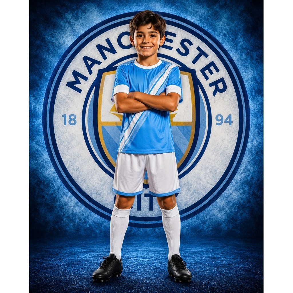 Kit Conjunto Infantil CITY AZUL C/ FAIXA BRANCA Camisa e Short Futebol Menino Novo