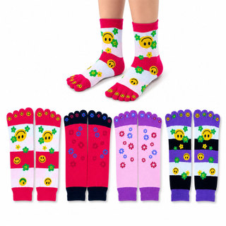 Kit 12 Pares de Meias com Dedos Sortidas com Desenhos e Lisas para Outono e Inverno