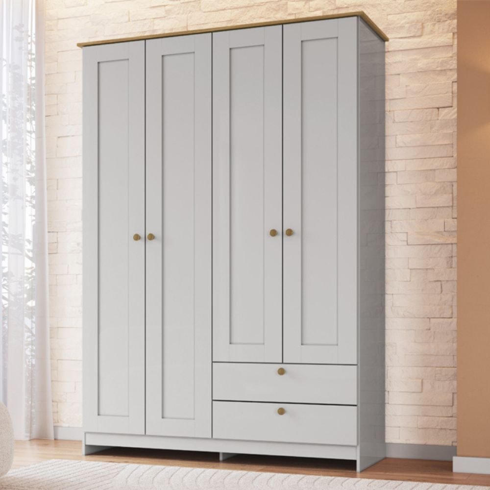 Guarda-Roupa 4 Portas e 2 Gavetas Americano Branco/Gelo/Ipê 4 Portas