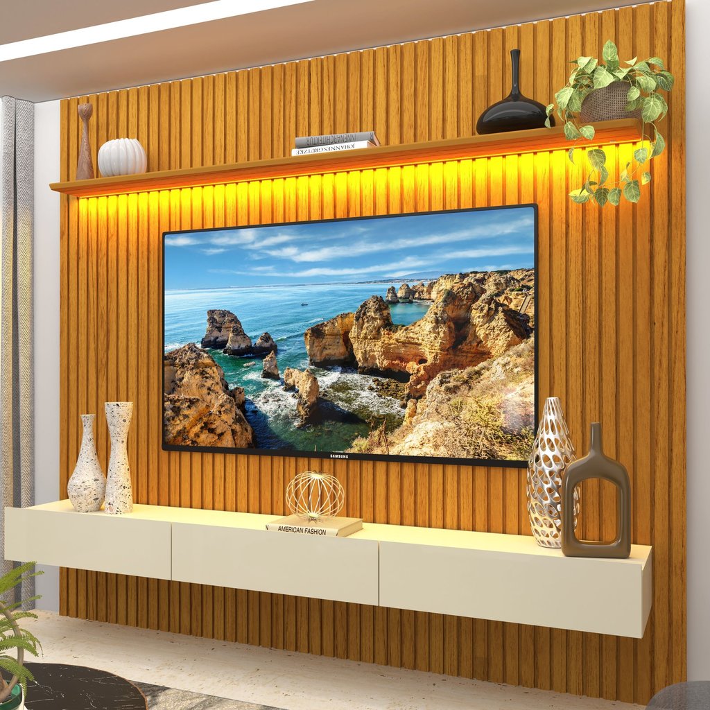 Rack com Painel Ripado para TV até 90 Polegadas com LED 100% MDF 228,8CMX250CM 3 Gavetas Marrom Naturale/Off White
