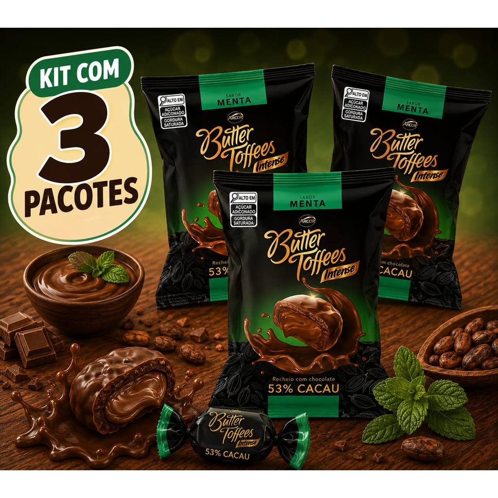 Kit Com 3 Balas Mastigável Butter Toffees Intense 53% Cacau Menta Arcor 90g — imagem 2 de 2