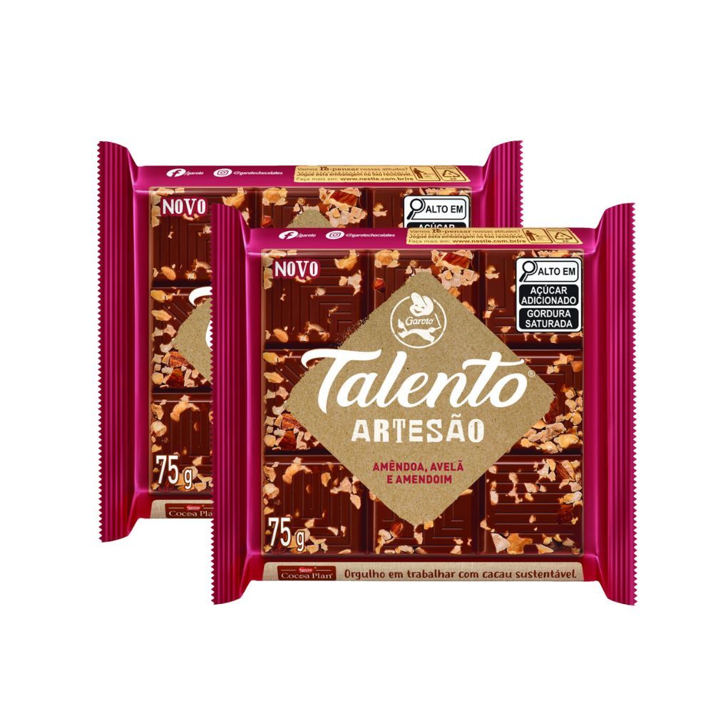 Kit 2 Chocolate Garoto Talento Artesão Amêndoa, Avelã e Amendoim 75g