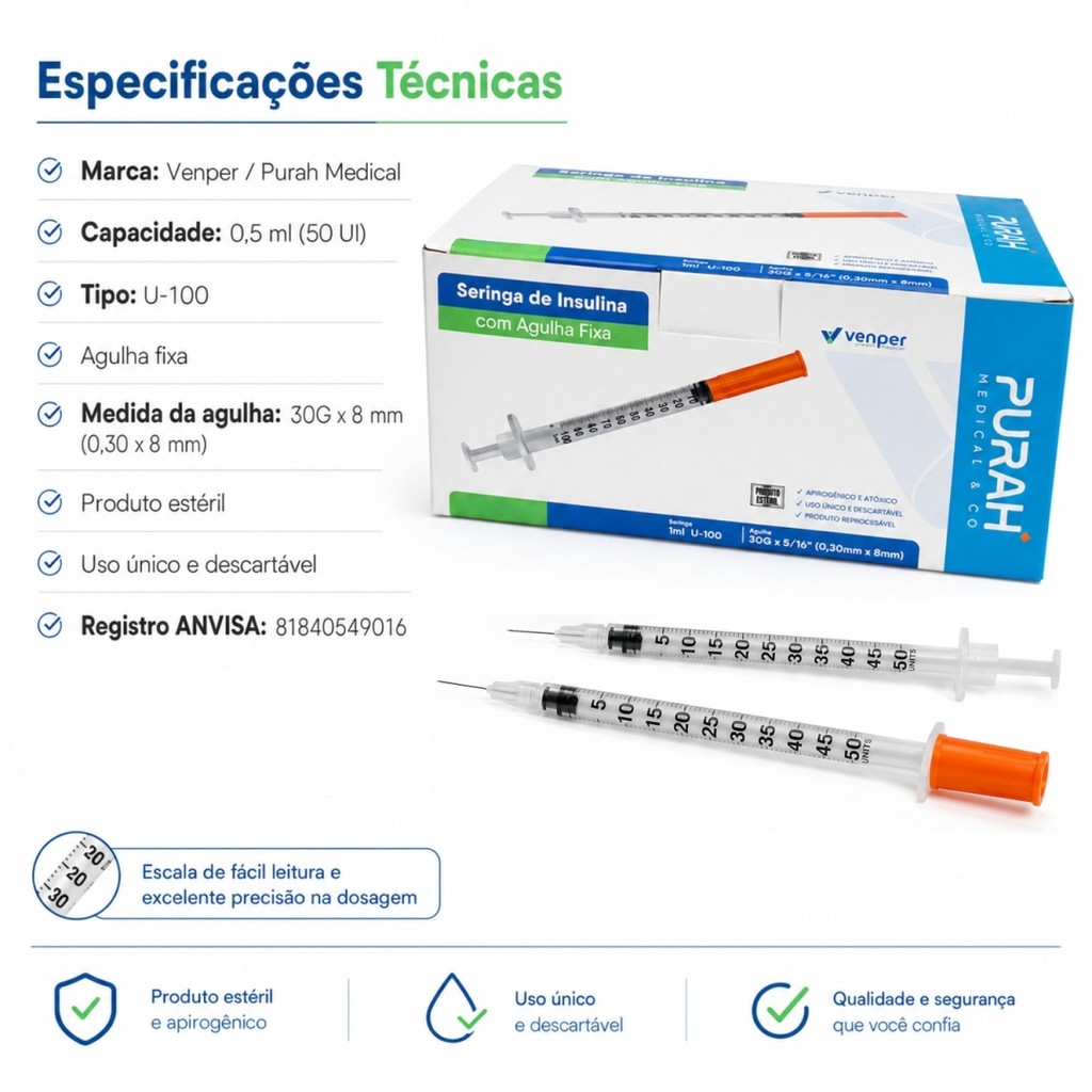 Kit com 20 - Seringa Insulina 0,5ml Agulha Fixa 8X0,30mm 30G — imagem 2 de 2