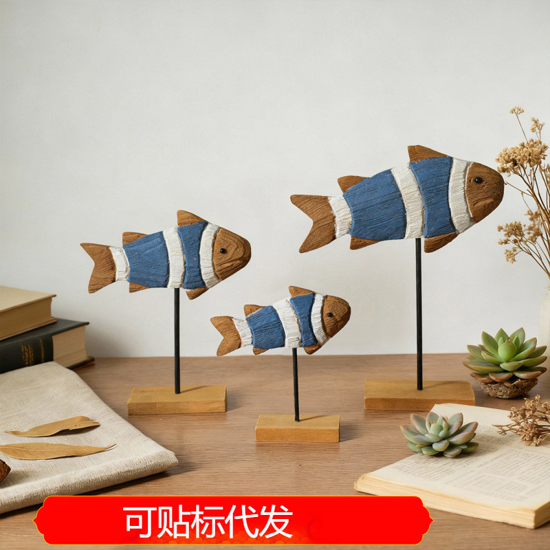 Estilo mediterrâneo de madeira pequeno peixe decoração criativa peixe de madeira decoração para casa decoração de mesa d