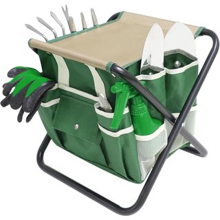 Conjunto de Ferramentas de Jardim, Kit de 10 Peças com Banquinho Dobrável Resistente, Bolsa de Armazenamento Removível, 