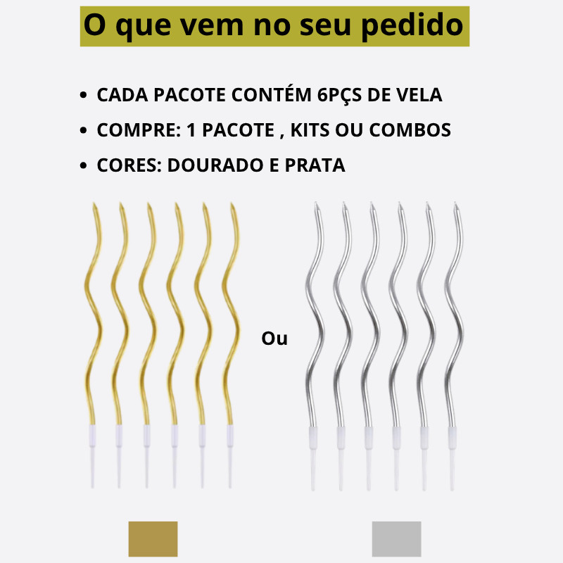 Kit Vela Festa Espiral Palito Bolo de Bricolage Aniversário Dourado Prata Curvado Longo Fino Torto Curvas de Parafina — imagem 2 de 2