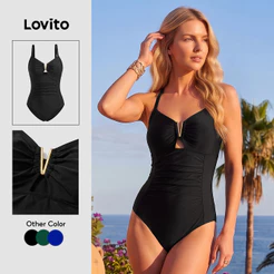 Lovito Férias Maiô de Uma Peça com Fivela Metálica para Primavera/verão Maiô Preto de Uma peça LNL126239