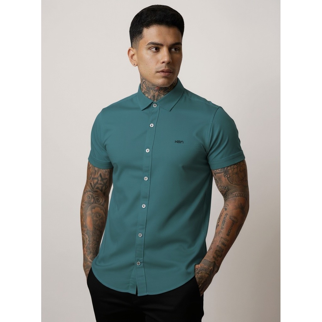 Camisa Masculina Viscose Elastano Manga Curta Slim Fit Não Amassa Azul Petróleo — Mell Moda