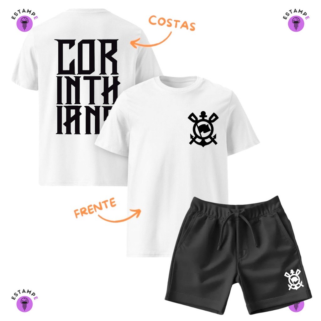 Kit Infantil 2 Peças Com 1 Camiseta e 1 Short Time de Futebol Conjunto Camisa 100% Algodão e Bermuda Moletinho Infantil