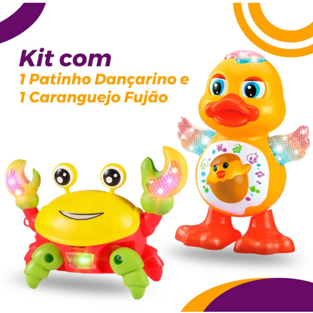 Kit Caranguejo Fujão Patinho Dançante Brinquedos Infantil Com Luz Som bebe