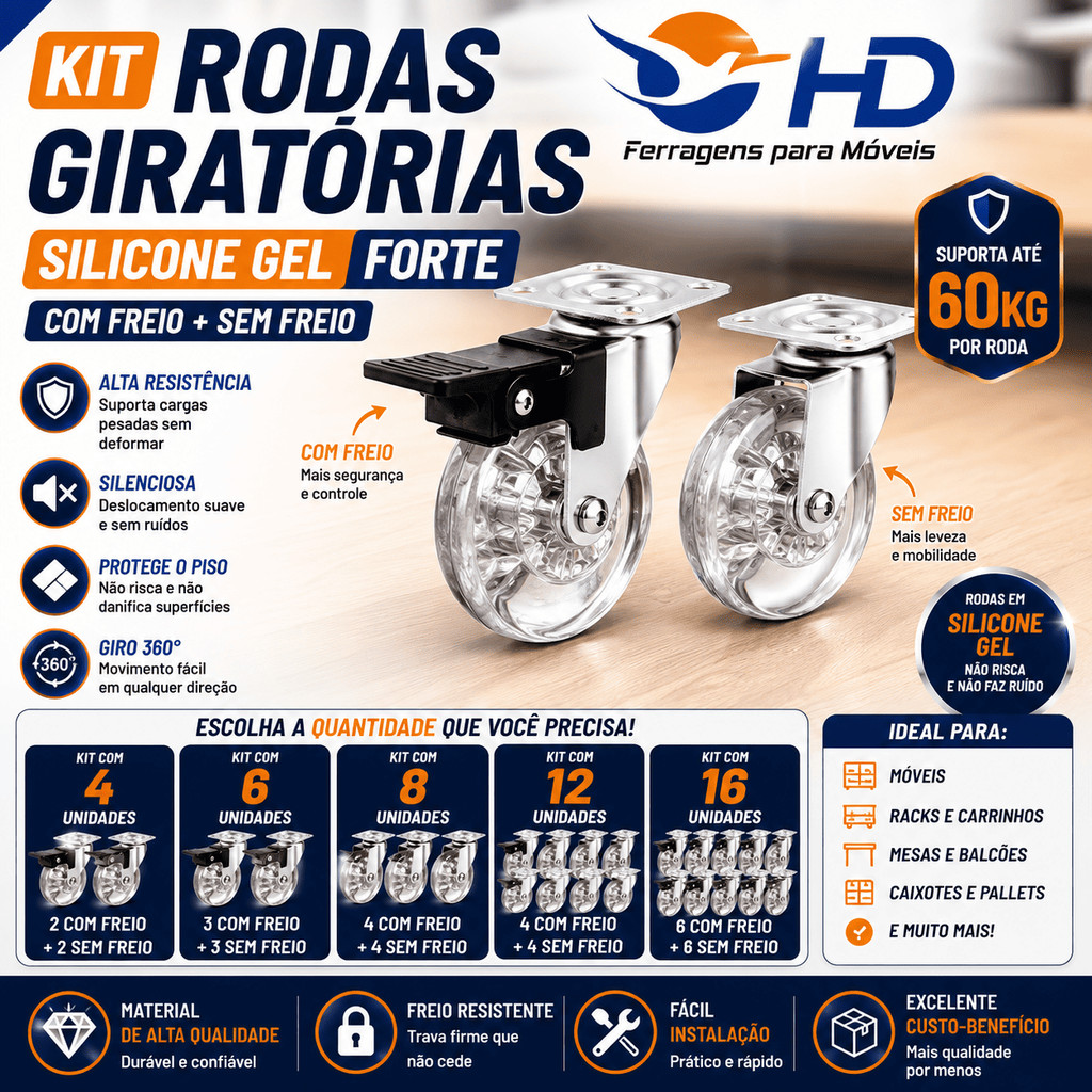 Kit Rodas Giratórias  4 , 6, 8,12 ou 16 Silicone Rodinhas GEL Forte 50mm Com Freio + Sem Freio
