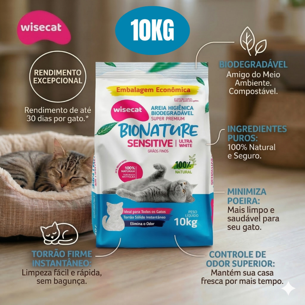 Areia Biodegradável Bionature Wisecat  10kg - Super Premium Sensitive Grãos Finos