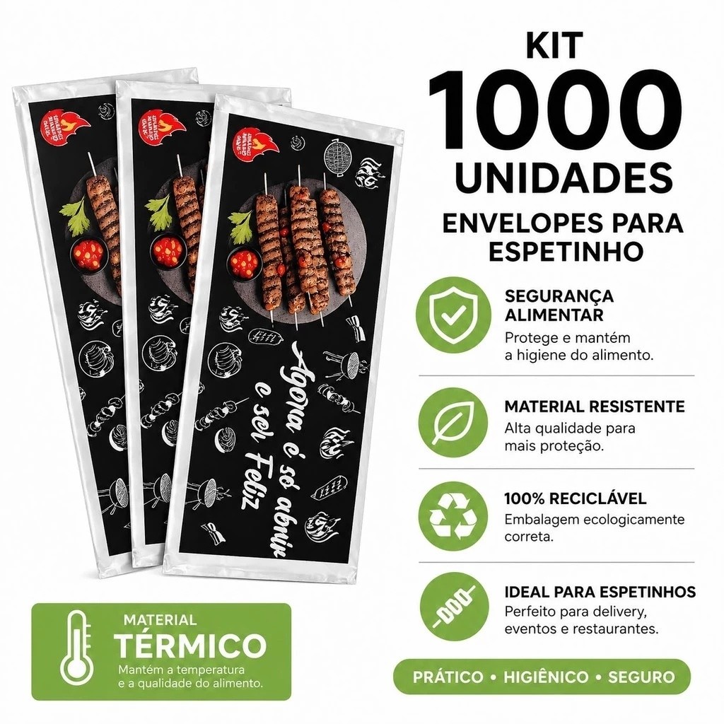 Kit Envelopes Térmicos Para Espetinho 1000 Unidades Delivery Segurança Alimentar Material Resistente