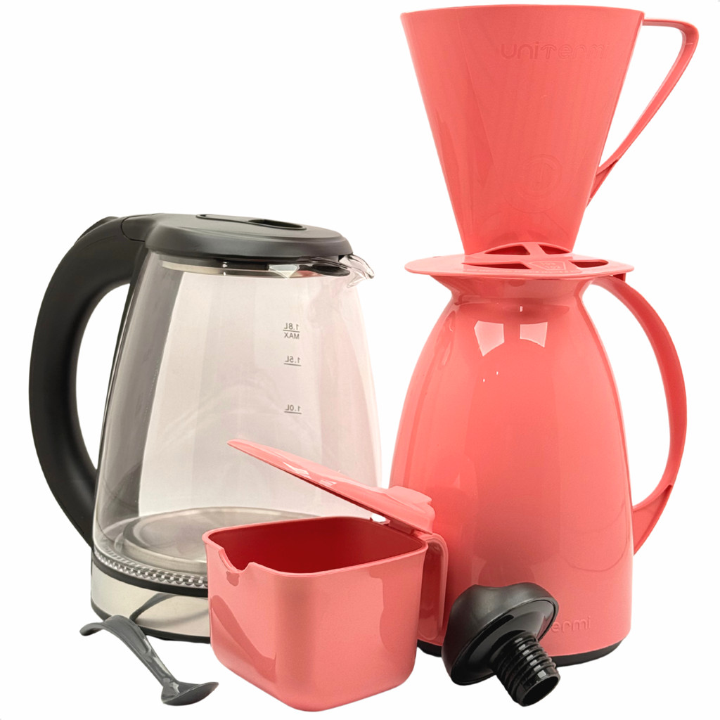 Kit Café Prático Chaleira Bule Jarra Elétrica Vidro 1,8 Litros + Garrafa Térmica Filtro Coador Açucareiro Rosa