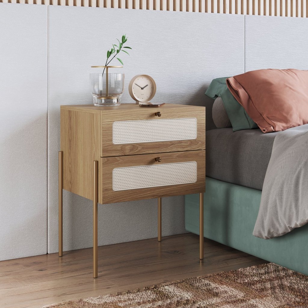 Mesa de Cabeceira 2 Gavetas Palhinha Pé Metal Dourado Oslo Marrom Hanover Telado/Dourado