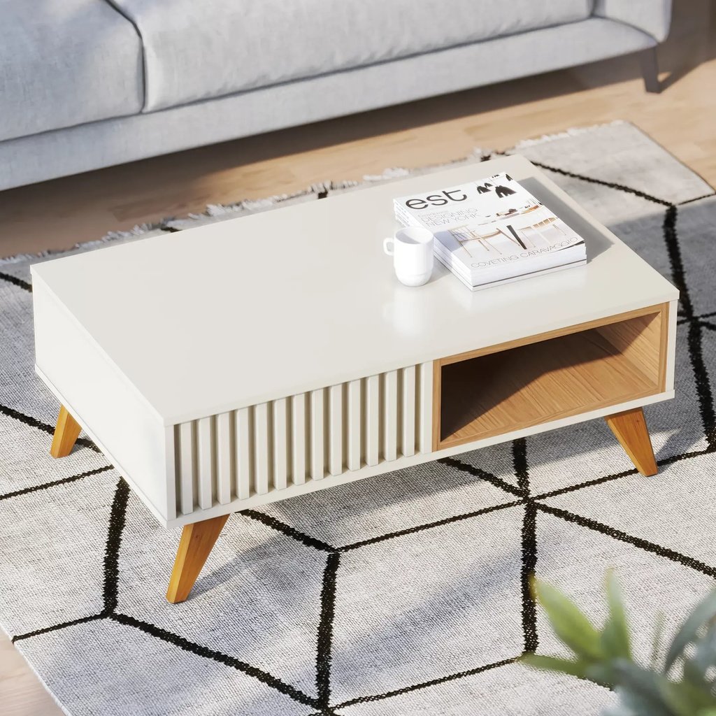 Mesa de Centro Retangular 1 Nicho Pés em Madeira Maciça Jeri Móveis Branco Off White/Freijó