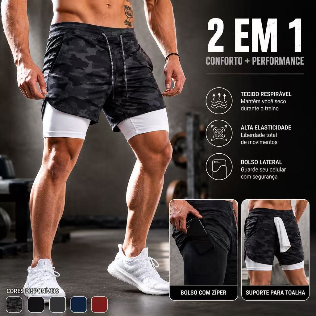 2 Em 1 Bermuda treino short dry fit Masculino Calção elastano academia