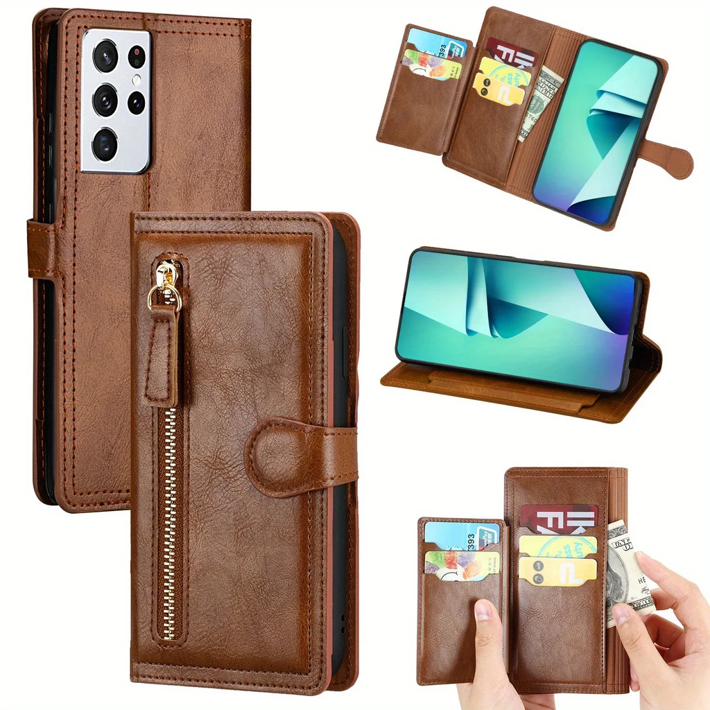 Samsung Galaxy S26 S25 Ultra Plus S24 S23 S22 S21 S20 FE Plus Ultra Leather Zipper Flip Wallet Case