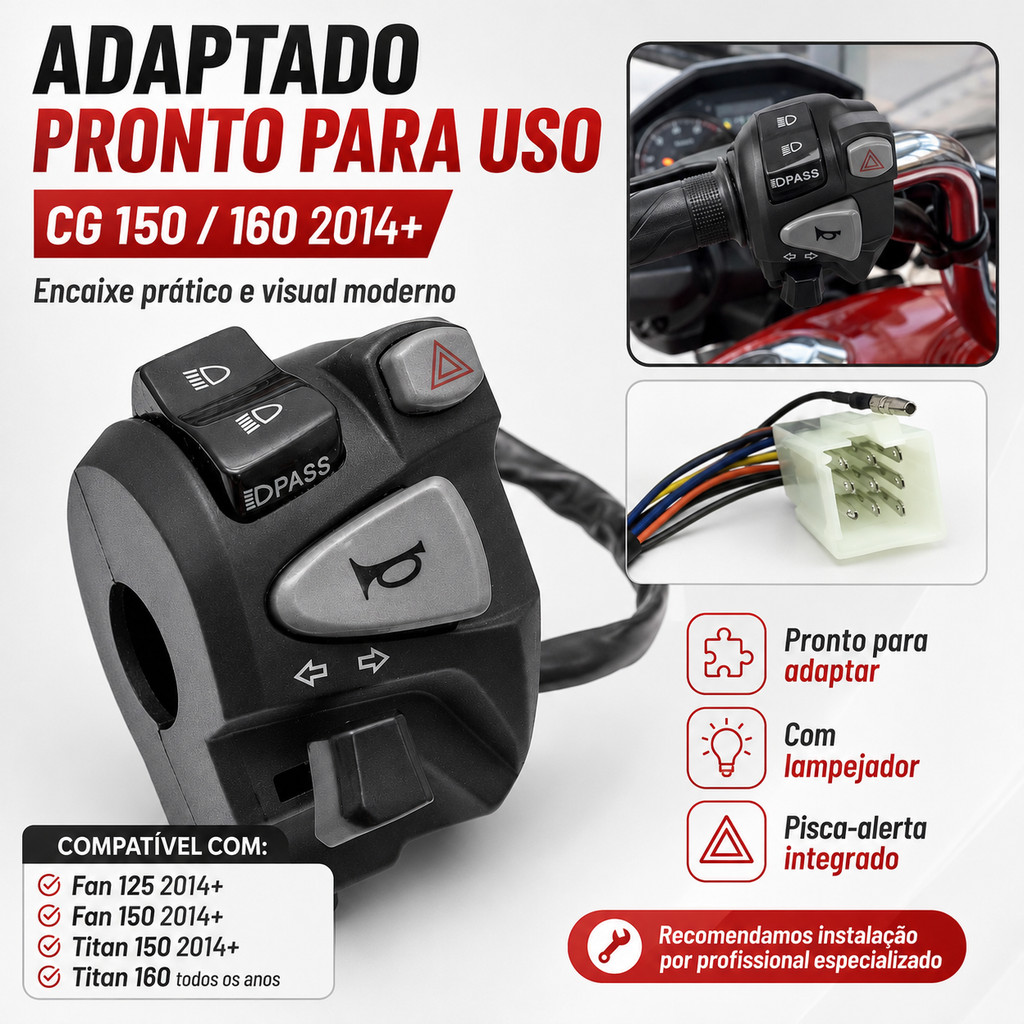 Punho Chave De Luz NC 750 Adaptado Titan 160 Start Fan C/ Lampejador + Pisca Alerta — imagem 2 de 2