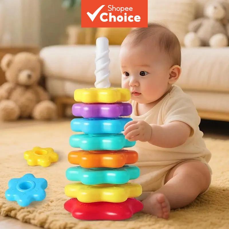 Bebê Empilhamento Quebra-Cabeça Brinquedos Montessori Girando Arco-Íris Torre Segurança Proteção Ambiental Colorido