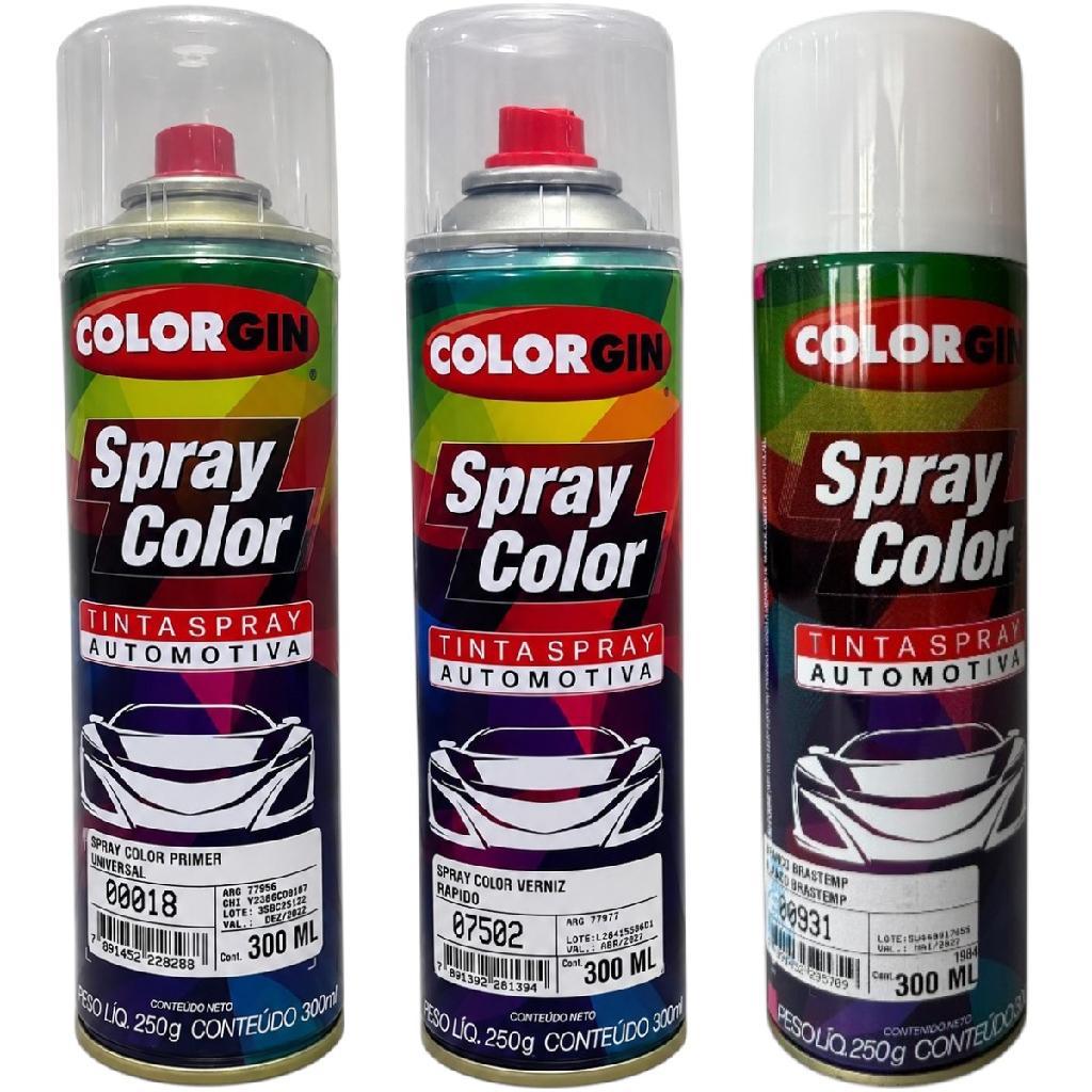 Kit Tinta Spray Automotiva Colorgin Branco Brastemp 300ml + Primer Universal + Verniz Rápido