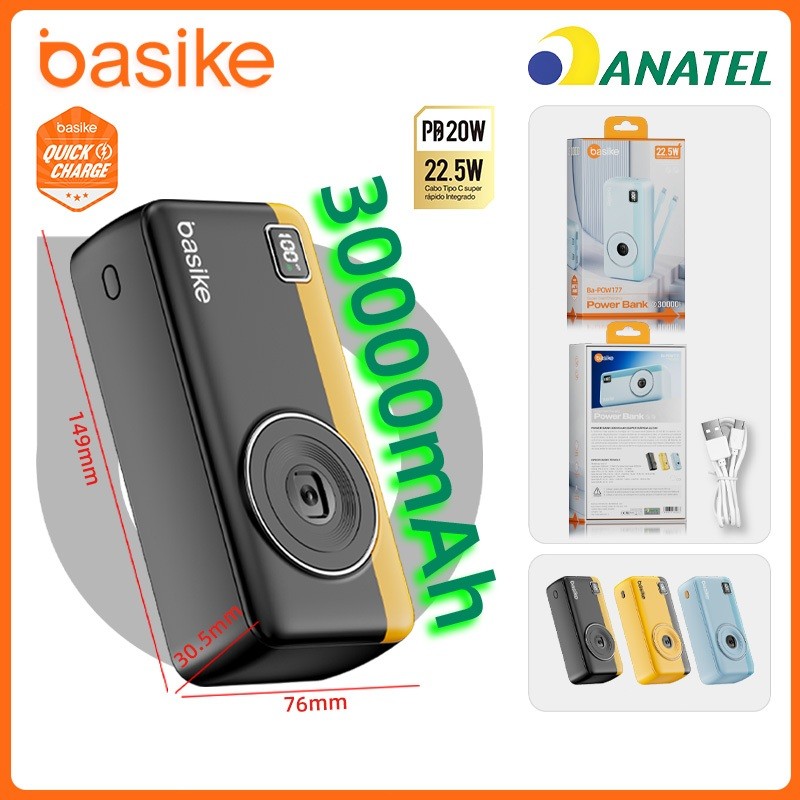 Basike Carregador Portátil Power Bank 30000mah 22.5W PD carregamento ultrarrápid