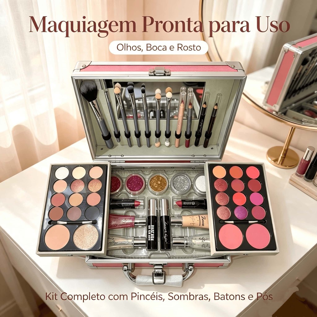 Maleta Completa de Maquiagem 23x17x8cm, Kit com Sombras e Pincéis, Cores Rosa, Fúcsia e Dourado