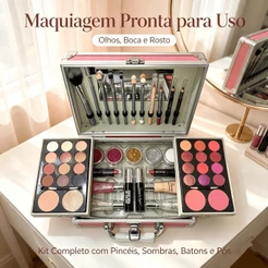 Maleta Completa de Maquiagem 23x17x8cm, Kit com Sombras e Pincéis, Cores Rosa, Fúcsia e Dourado
