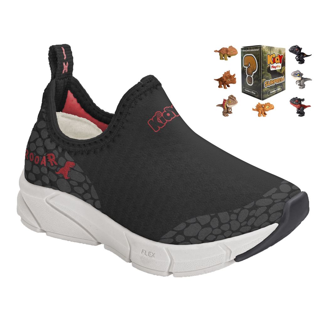 Tênis Infantil Dinossauro Menino Kidy Slip On Calce Fácil Brinquedo Brinde Dino Surpresa