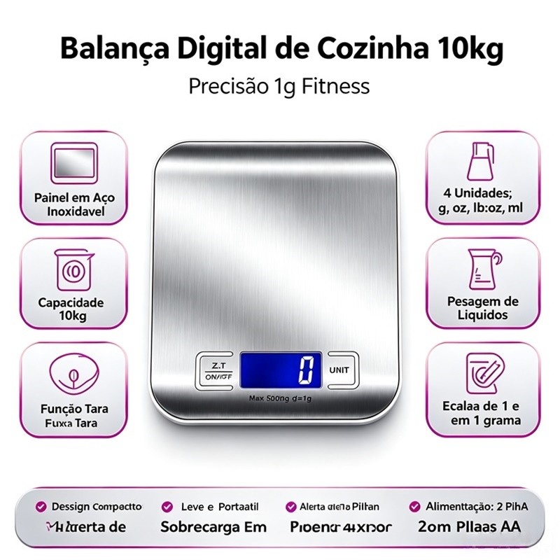 Balança de Cozinha Digital 10Kg em Inox Alta Precisão 1g Dieta