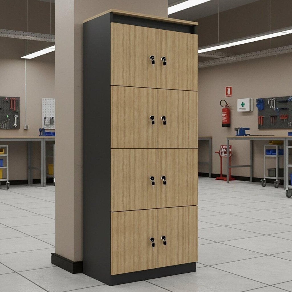 Armário Locker Guarda Volume 60x160cm 8 Portas com Chave ME4202 Marrom/Amêndoa/Preto Amêndoa/Preto