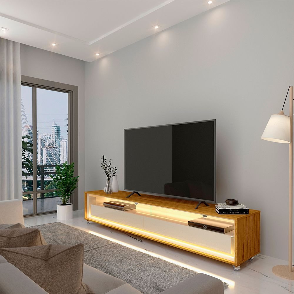 Rack para TV até 85 Polegadas com LED 100% MDF 172,5cm Rodízios Requinte Yescasa Marrom Naturale/Off White