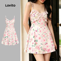 Lovito Floral Vestido Curto Casual Feminino com Babados para Primavera/Verão L197AD1019