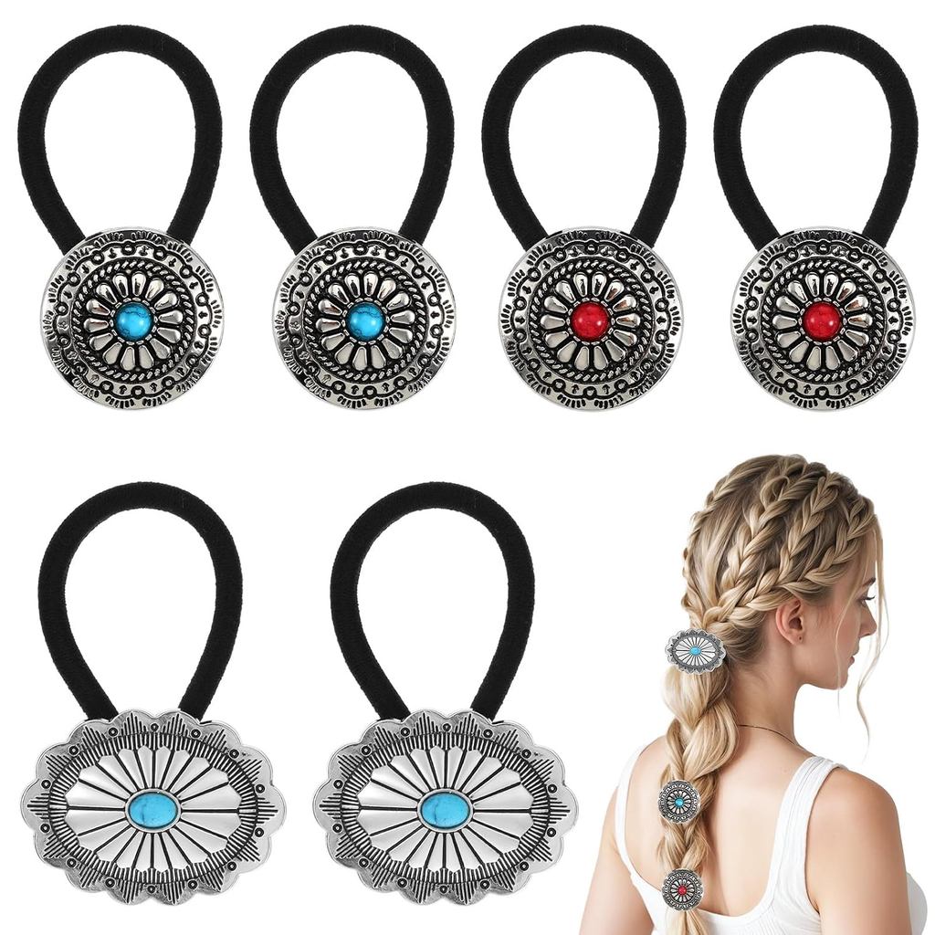Elásticos de Cabelo Estilo Western, 6 Peças de Elásticos de Cabelo de Metal Boho, Elásticos de Cabelo Circulares com Flo