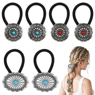 Elásticos de Cabelo Estilo Western, 6 Peças de Elásticos de Cabelo de Metal Boho, Elásticos de Cabelo Circulares com Flo