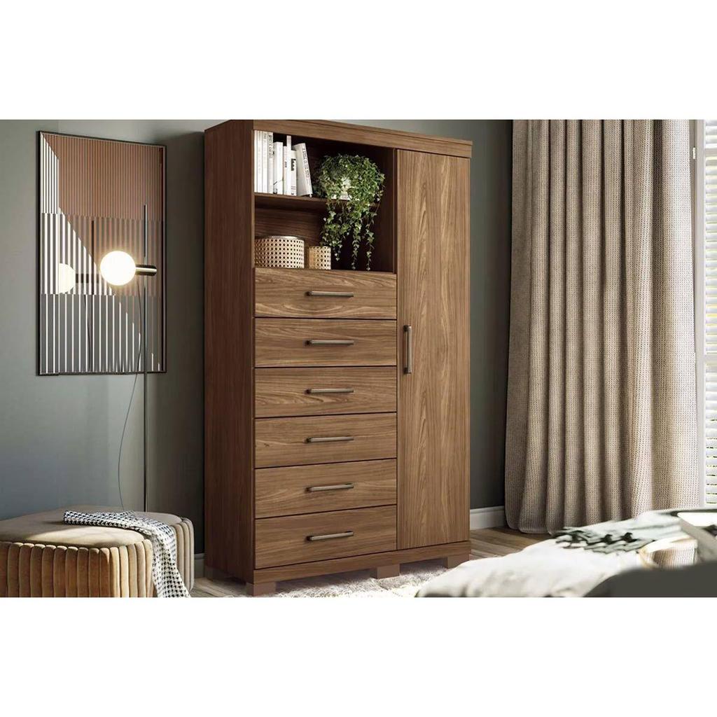 Cômoda de Quarto Marabá 1.6 c/ 1 Porta 2 Nichos e 6 Gavetas c/ Pés Jatoba - Santos Andirá