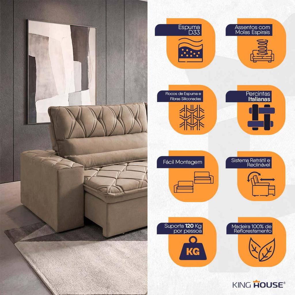 Sofá Retrátil/Reclinável França 3,00m Suede Velut Bege c/ Molas no Assento - King House · foto 2