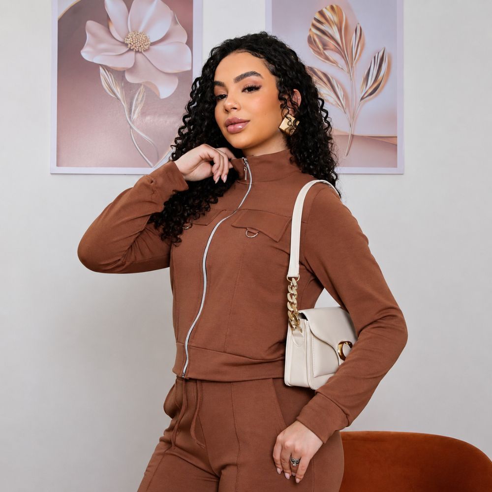 Conjunto Feminino Moletinho com Elastano Gola Alta Zíper Frontal Calça Pantalona