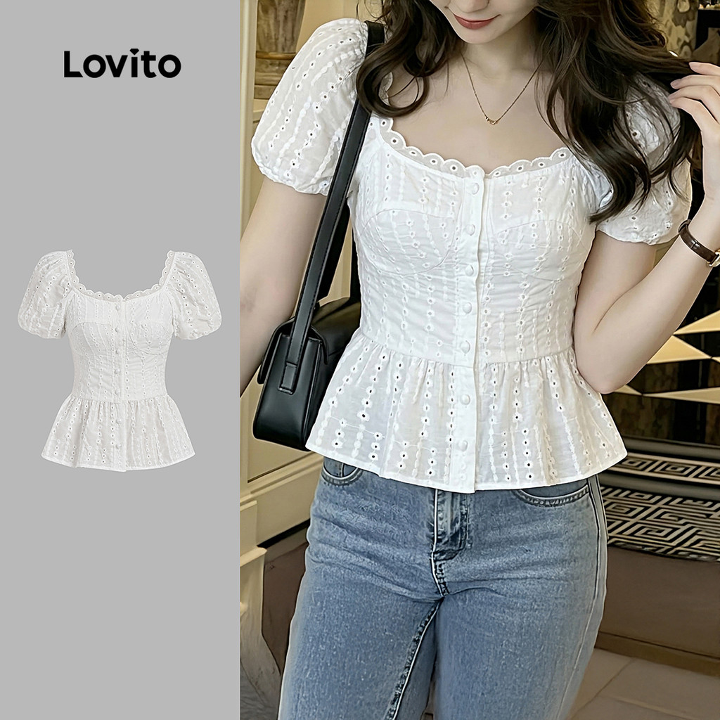 Lovito Bordado Blusa Peplum Branca Elegante De Manga Curta Com Decote Coração Recortado Botões E Barra Com Babados Para O Trabalho Na Primavera/verão Feminina LR41E283